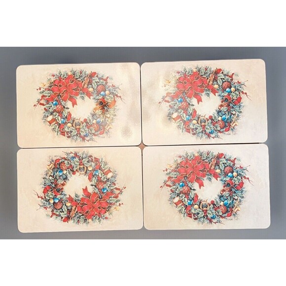Christmas Wreath by Barbara Mock Placemats Cork Bottom  17"X11.5" Vintage - Picture 1 of 10